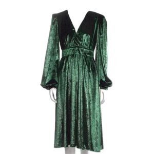 PatBO Green Liquid Velvet V-Neck Long Sleeve Midi Dress Size 8